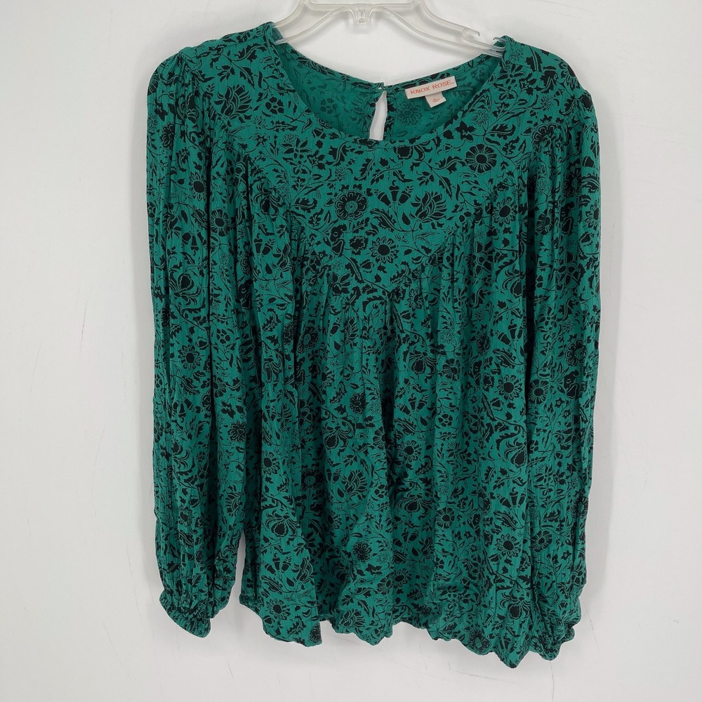 Knox Rose Women's Green Floral Long Sleeve Bohemian Peasant Top Blouse Size XL